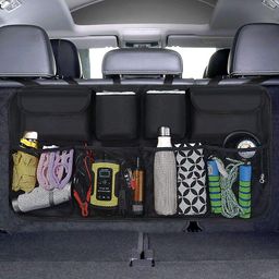 URAQT Car Trunk Organizer, Mesh Car Trunk Bags with 8 Pockets, Adjustable Strap and 3 Fixing Tape, Suitable for SUV, MVP image 1