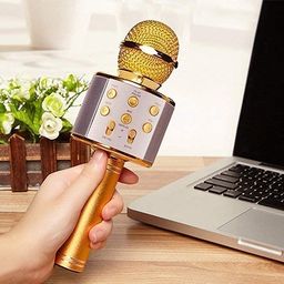 VRJTEC Karaoke Golden Color Mic - Wireless & 2 in 1 Portable Microphone with Speaker, Continuous Play+ Audio Recording + Card Slot + Aux Port + USB Charging for Wireless Singing, Parties image 5