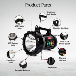 FOS Halogen Army Search Light 55W with Multi-Functional Control Panel & 7Ah SMF Battery (Black, Warm White, Weight 4 kgs.) 1600 Lumens image 2