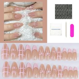 Secret Lives Glossy Reusable Artificial Translucent Pink Color with 3D Stud & Bow Design Press on nails 24 Pieces Set with Kit image 3