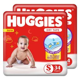 Huggies Dry Tape | Adjustable Tape Style Diapers, Small (S) Size (4-8 Kgs), Combo Pack of 68 | Up To 2X Faster Absorption, Up To 12 Hours Overnight Absorption image 1