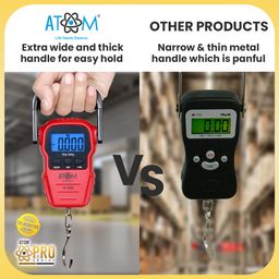 atom xs ATOM Electronic Digital Hanging Scale for Luggage & Gas Cylinder With Side and Sturdy Handle, Extra Strap & Pouch & Measuring Tape Including | Capacity: 50Kg x 10gms | Atom A 305 Digital Hanging Scale image 2