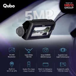 Qubo Car Dash Cam Pro 3K by Hero Group, HDR Dual Channel, Made in India, Sony STARVIS IMX335 Sensor, 3K 5MP Front QHD 2MP Rear FHD, 140° View, 3.2" LCD Display, GPS Log, Supports Up to 1 TB SD Card image 2