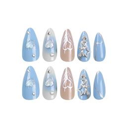 Secret Lives Glossy Reusable Artificial Blue & Brown Color with 3D Heart Stud & Accessories work Design Press on nails 24 Pieces Set with Kit image 1