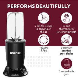 Borosil NutriFresh PB31 Mini-Blender and Grinder, 400W Power, 500ml Blending Jar, 300ml Chutney Jar, Ideal for Blending Smoothies & Chutneys, Grinding Spices Ideal for Home and Travel Use (Black) image 4