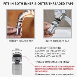ECO365 Rotatable(360°)Swivel Dual Flow X22 Chrome Finish Aerator(Pack Of 1)|Fits In Both Inner(24Mm)&Outer(22Mm)Threaded Taps|Jet&Eco Flow For Maximum Water Saving,Standard image 4