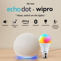 Amazon Echo Dot (5th Gen, White) Smart Home Combo with Wipro 12W LED Smart Color Bulb image 1
