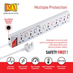 MX Extension Board with Individual Switch – Multi Plug Socket with 6 Universal Socket Power Strip with Safety Shutter & Indicator, Circuit Breaker Protection Spike Guard 10A Extension Board, 3 MTR image 4