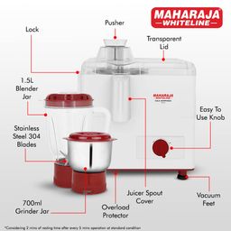 Maharaja Whiteline Gala Happiness Juicer Mixer Grinder With 2 Jars | Long Lasting Performance With 450 Watts| Food Grade Safe | High Grade Mesh For Efficient Juicing | 2 Year Warranty (White) image 4