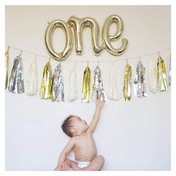 AMFIN One Letter Foil Balloon Combo with Party Decorative Tassels Garland First Birthday Decorations Pack of 4 - Golden Silver & White-15