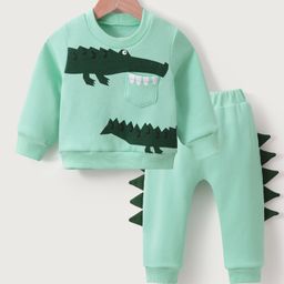 Kookie Kids Full Sleeves Winter Wear Croc Printed Sweatshirt &  Lounge Pant Set - Green & Blue-image-46