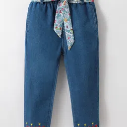 Kookie Kids Denim Washed Jeans With Floral Applique & Belt - Blue-picture-8