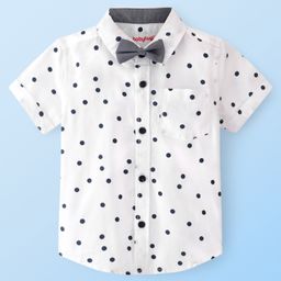 Babyhug Cotton Woven Half Sleeves Regular Collar Shirt with Bow Polka Dot Print - White-image-50