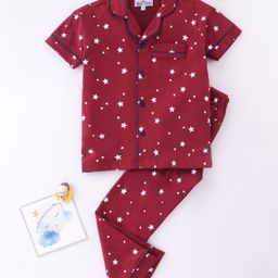 Nite Flite Half Sleeves All Over Stars Printed Coordinating Night Suit - Red-image-10