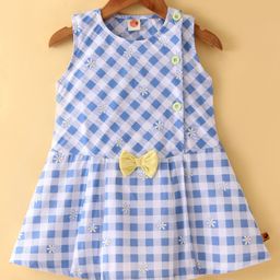 Dew Drops Poplin Knit Sleeveless Checkered Frock Floral Print & Bow Applique - Blue-image-65