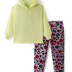 Primo Gino Cotton Knit Full Sleeves Solid Front Zipper Hoodie & Printed Leggings Set - Light Green-image-88