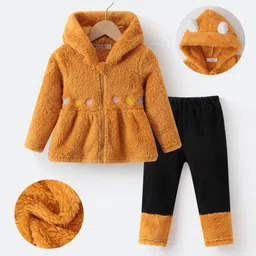 Kookie Kids Full Sleeves Hooded Front Zipper Winter Wear Suit With Floral Applique - Brown-picture-48
