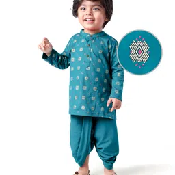 Earthy Touch Single Jersey Knit Full Sleeves Foil Printed Kurta Dhoti Set - Teal-picture-29