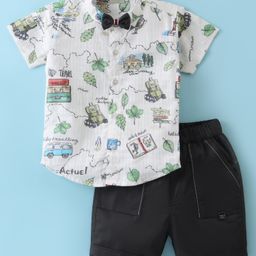 Dapper Dudes Half Sleeves Travel Theme Printed Shirt With Bow & Shorts - Cream-picture-43