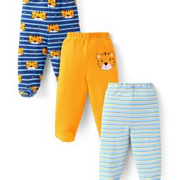 Babyhug Cotton Interlock Knit Stripe & Tiger Print Bootie Leggings Pack of 3 - Yellow & Blue-image-21
