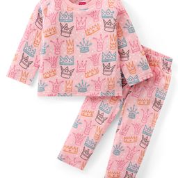 Babyhug Knit Full Sleeves Winter Night Suit Crown Print - Pink-image-76