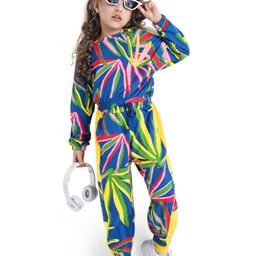Ollington St. Cotton Knit Full Sleeves Co-OrdTop & Lounge Pant SetTropical Theme Print - Navy Blue & Yellow-image-35