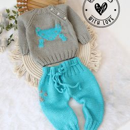 Woonie Full Sleeves Handknitted Fox Design Embroidered Sweater Set - Grey-image-96