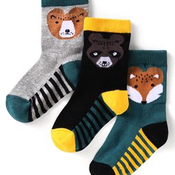 Cute Walk by Babyhug Ankle Length Antibacterial Socks with Stripes & Animal Design Pack of 3 - Teal Blue-image-81