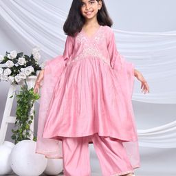 misbis Silk Three Fourth Sleeves Floral Embroidered & Sequins Embellished Kurta Palazzo With Dupatta Set - Pink-image-13