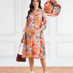 Bella Mama WovenThree Fourth Sleeves Shirt Maternity DressWith Floral Print - Multicolor-picture-19