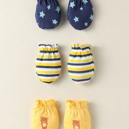 Babyhug 100% Cotton Interlock Knit Mittens With Stripes & Star Print Pack Of 3 - Navy Blue & Yellow-picture-20