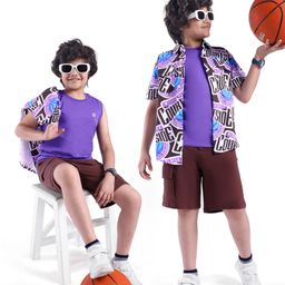 OLLINGTON ST. Cotton Text Printed Half Sleeves Shirt & Shorts With Inner Tee - Multicolor & Brown-image-60