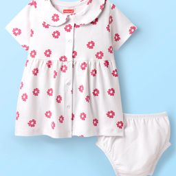 Babyhug Cotton Woven Peter Pan Collar Front Open Half Sleeves Frock & Bloomer With Floral Print - White-image-33