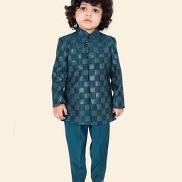 little desi Silk Full Sleeves Threadwork Embroidered Sequins Embellished Kurta Pyjama Set - Peacock-image-35