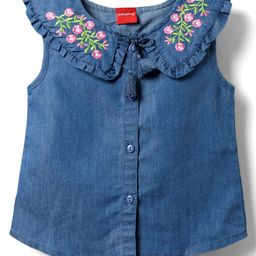 Babyhug Sleeveless Front Open Peter Pan Collared Denim Top with Floral Embroidery - Navy Blue-image-63