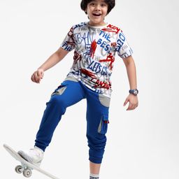 OLLINGTON ST. Cotton Knit Half Sleeves Text Printed T-Shirt & Knit Joggers - White & Blue-picture-39