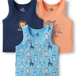 Doodle Poodle 100% Cotton Single Jersey Knit Sleeveless Vests With Animal Print Pack Of 3 - Light Blue Navy Blue & Peach-image-99