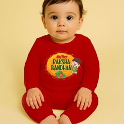 The Peppy Tend 100% Cotton Knit Rakshabandhan Theme Full Sleeves My First Rakshabandhan Text Printed Romper - Red-image-97