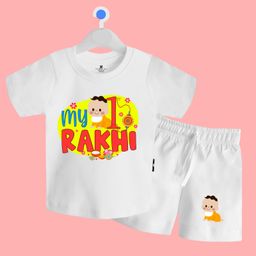The Peppy Tend 100% Cotton Knit Raksha Bandhan Theme Half Sleeves My 1st Rakhi Text Printed Tee & Shorts Set - White-image-95
