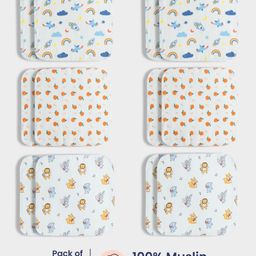 Orange Sugar 100% Cotton Muslin Pack of 12 Space & Jungle Printed Multipurpose Wash Cloth - Multicolor-image-98