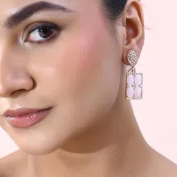 VOJ Rose Gold Plated Stone Studded Rectangular Drop Earrings for Women-image-17