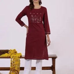 W Maroon Pure Cotton Embroidered Kurta-image-71