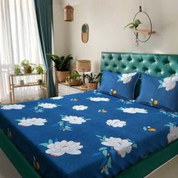 HOSTA HOMES Blue Polycotton 280 TC Queen Size Flat Bed Sheet with 2 Pillow Covers-59