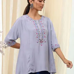 Biba Dull Blue Modal Blend Straight Printed Kurta-picture-32