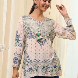 Biba Cream Modal Blend Straight Printed Short Kurta-image-0