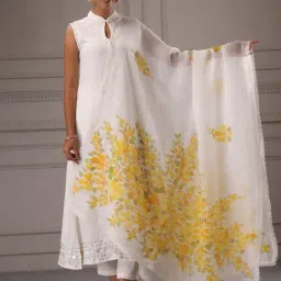 Geroo Jaipur Off-White Hand Painted Organza Dupatta With Crochet Lace-picture-14