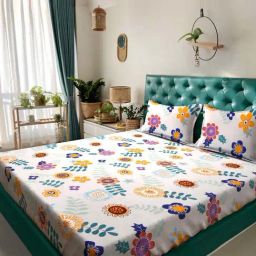 HOSTA HOMES Multicolor Polycotton 280 TC Queen Size Flat Bed Sheet with 2 Pillow Covers-14