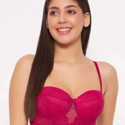 Clovia Pink Lace Work Demi Cup Bra-image-52