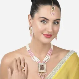 Zaveri Pearls Pink Beads Multistrand Kundan Necklace Earring Ring & Maangtikka Set-ZPFK15220-image-63