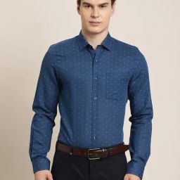 Turtle Blue Cotton Linen Slim Fit Printed Shirt-image-49